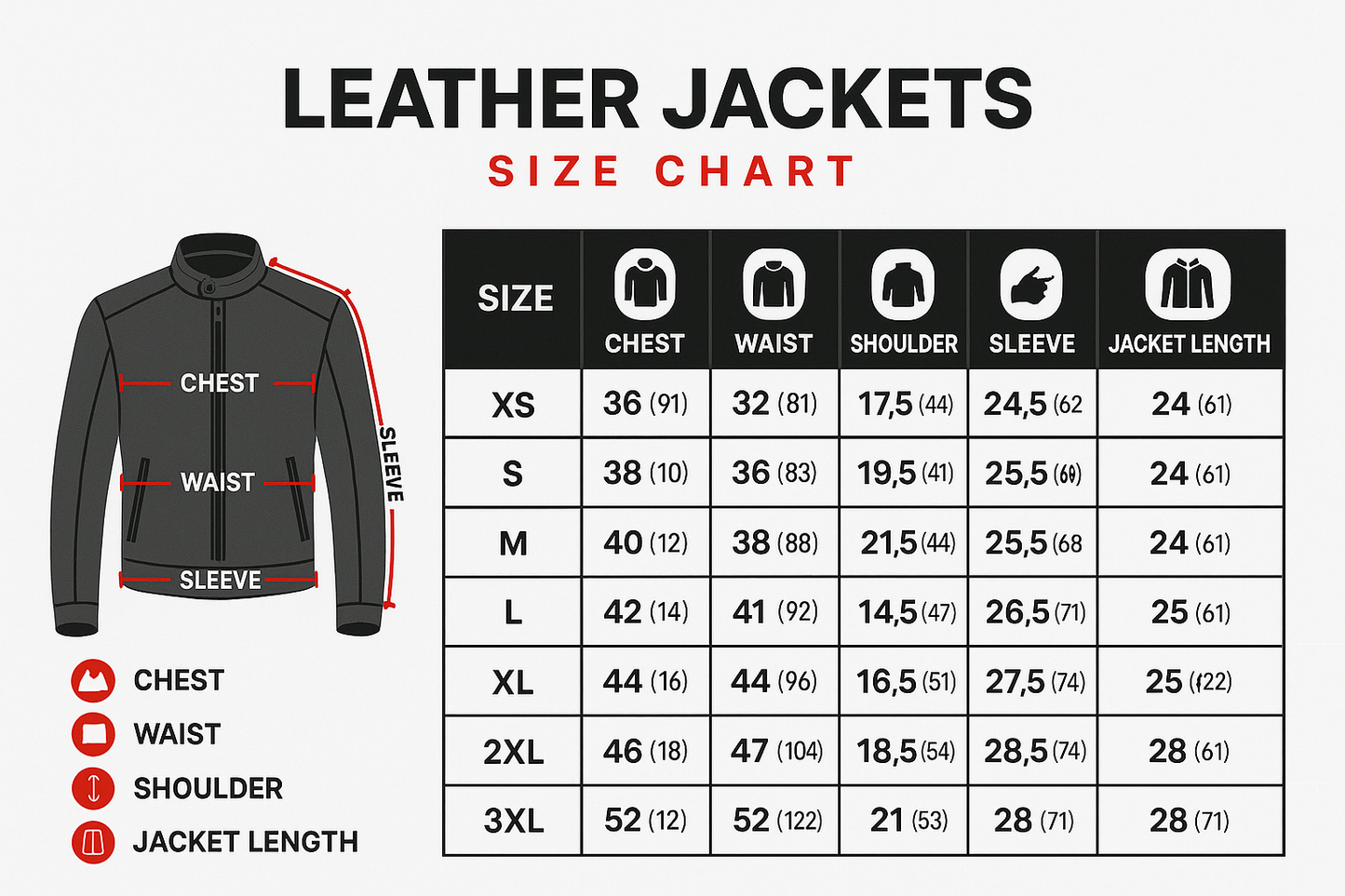 create a size chart for leather jackets