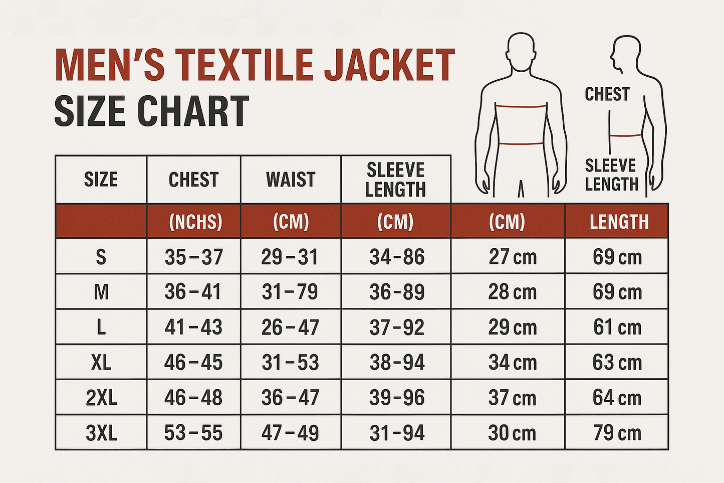 create size chart textile jacket for men