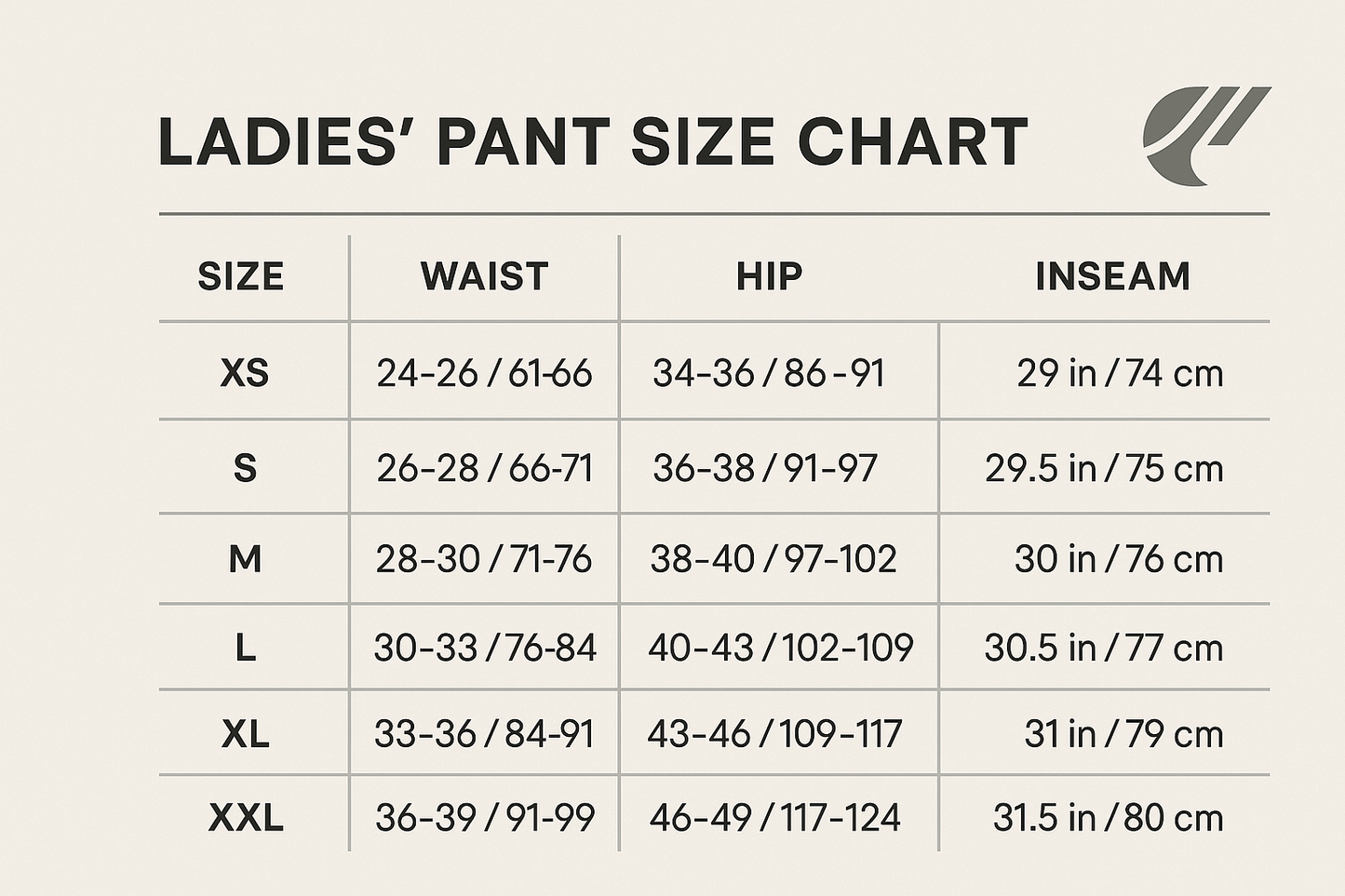 ladies pant size chart