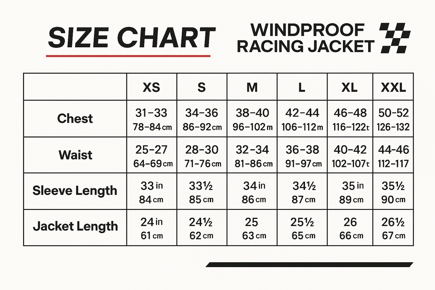 size chart wind proof jacket